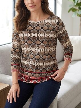 Women’s Ruby Rd Snake Print 3/4 Length Sleeve Top With Red Accents -Size Large